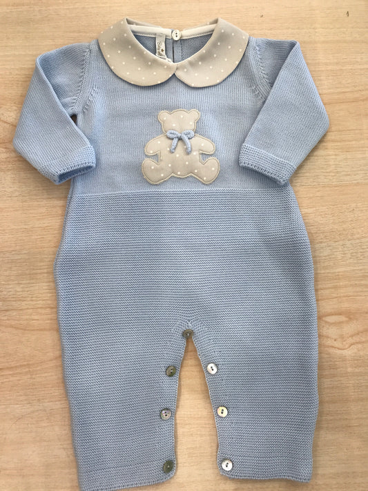 Tutina Baby Lord in lana celeste intera con colletto tortora e pois bianchi ed orsetto centrale