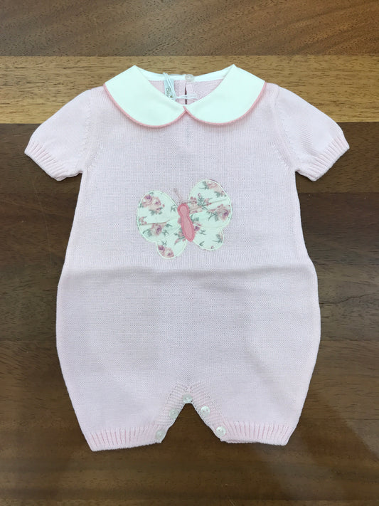 Pagliaccetto Baby Lord in filo rosa con collo tondo mezza manica con farfalla centrale