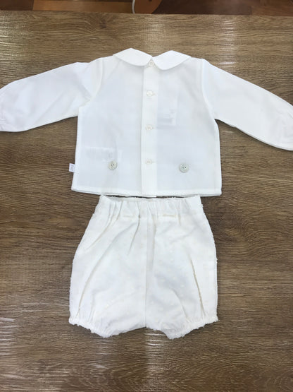 Completo Paz Rodriguez due pezzi camicia con ricami panna sul davanti pantalone corto con pois in rilievo panna