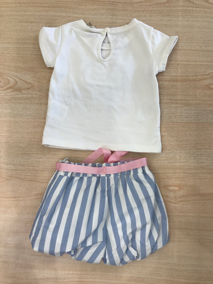 Completo Nanan due pezzi in cotone t-shirt mezza manica con cuore a righe centrale con pantalone corto a righe con fiocchetto sul davanti