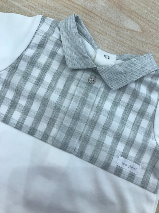 Tutina Laranjinha in cotone bianca manica lunga gamba lunga con corpetto a quadretti bianchi e grigi