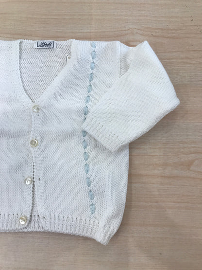 Cardigan Biebi in filo bianco manica lunga con passanastro celeste chiaro