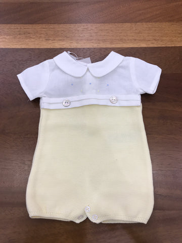 Pagliaccetto Paz Rodriguez in filo giallo e bianco mezza manica con pois ricamati sul petto celesti e gialli