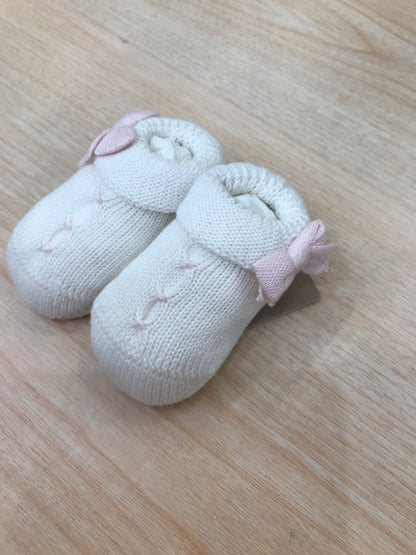 Babbucce Baby Lord in filo bianche con punto smock rosa con fiocchetto laterale