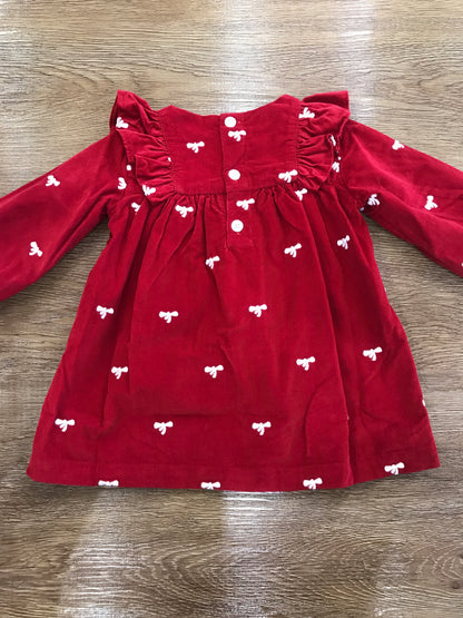 Abito Petit Bateau manica lunga a coste rosso con manica a sbuffo con rusche e piccoli fiocchetti ricamati bianchi