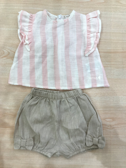 Completo Nanan in lino t-shirt con rusche a righe bianche e rosa con pantalone con fiocchetti