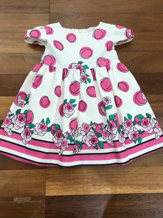 Abito Byblos di base bianco con fiori e pois rosa mezza manica senza colletto con gonna ampia
