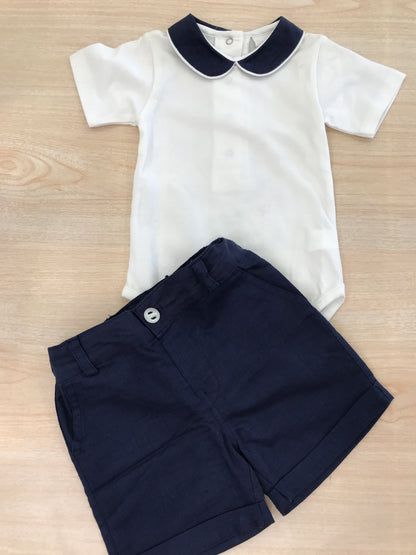 Completo Coccodè body effetto camicia con colletto blu scuro con bermuda