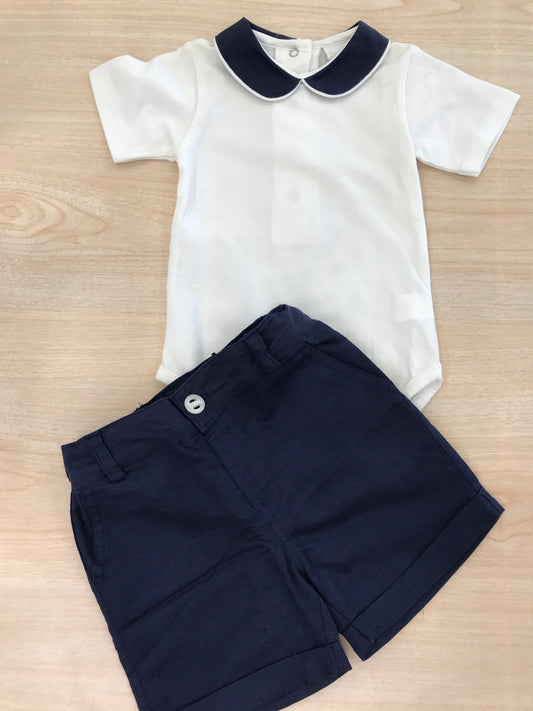 Completo Coccodè body effetto camicia con colletto blu scuro con bermuda