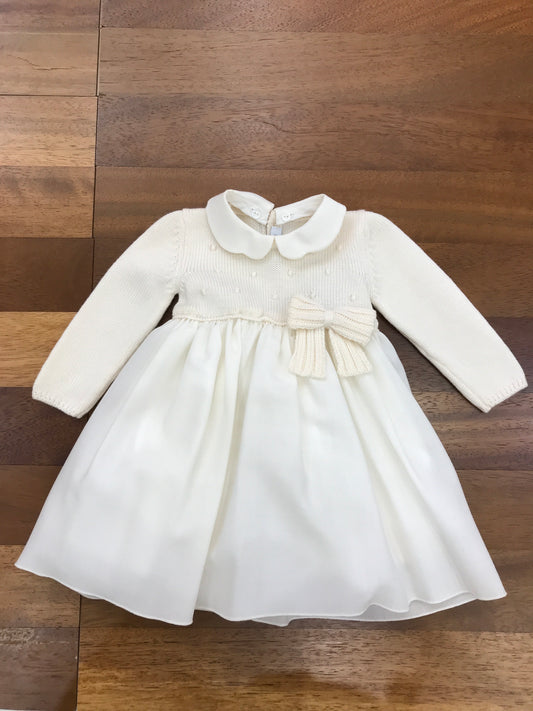 Abitino Colibrì con corpetto in lana manica lunga con fiocco laterale panna gonna in raso e fiocco sul retro