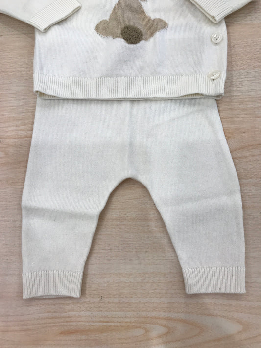 Tutina Petit Bateau in lana due pezzi panna con coniglietto beige ricamato al centro sul davanti