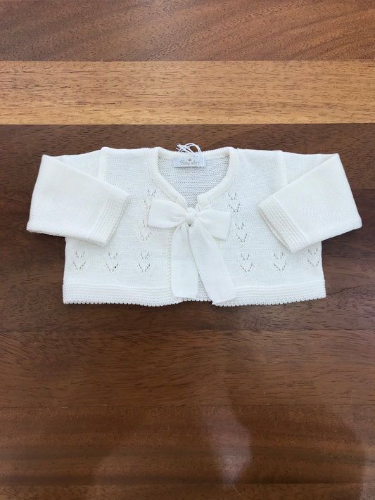 Cardigan Baby Lord in filo panna manica lunga con fiocco e lavorazione sul davanti