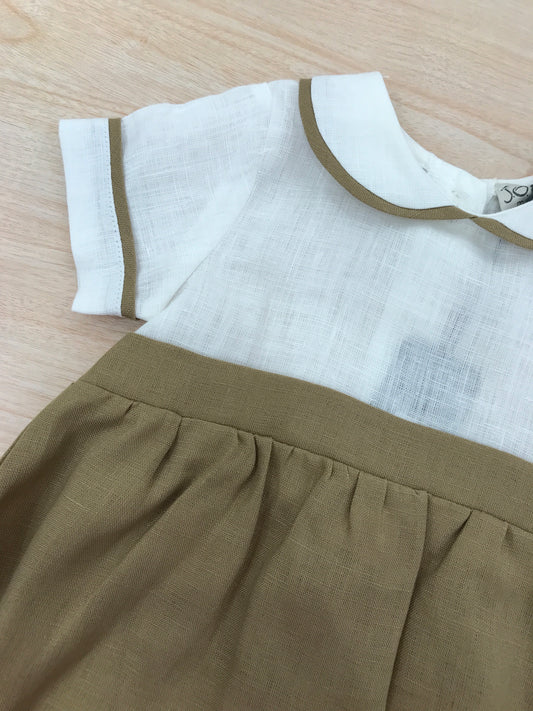 Pagliaccetto Jo Milano in lino mezza manica bianco e marrone con colletto dal profilo marrone