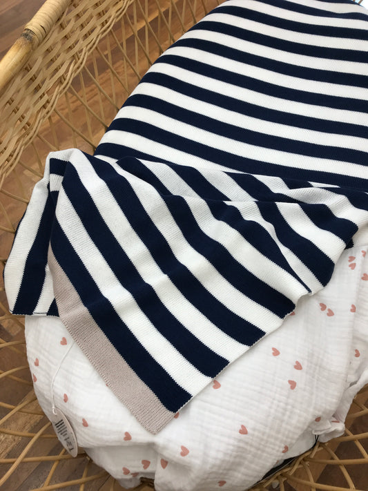 Coperta Baby Lord in filo a righe bianche blu e bordi beige