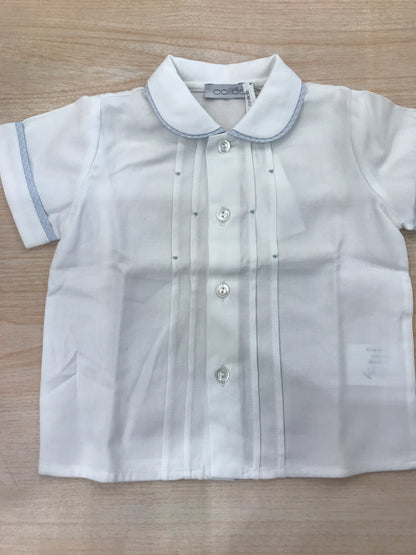 Camicia Colibrì mezza manica in cotone bianca con pieghe con con rifiniture celesti e pois sul davanti