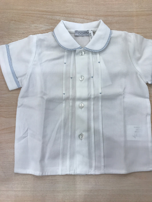 Camicia Colibrì mezza manica in cotone bianca con pieghe con con rifiniture celesti e pois sul davanti