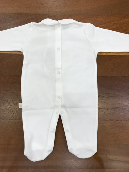 Tutina Baby Gi panna in cotone manica lunga gamba lunga con piedini con orsetto ricamato sul davanti