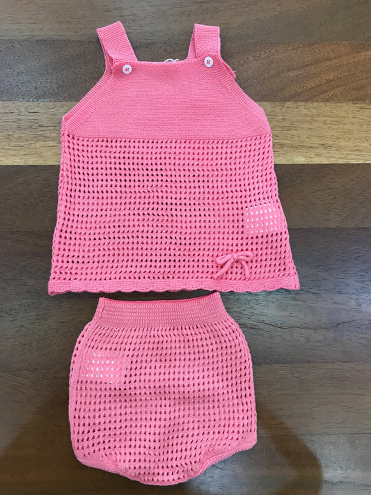 Completo PCS in filo due pezzi traforato color corallo con bretelle e fiocchetto laterale in basso