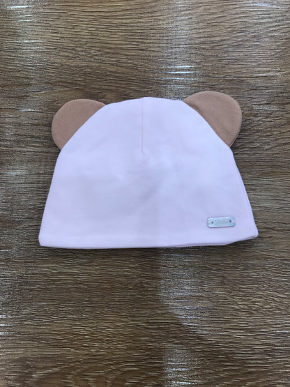 Cappello Le Bebè in caldo cotone rosa con piccole orecchie marroni