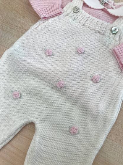 Tutina Baby Lord in lana salopette con bretelle panna e roselline ricamate a mano con maglietta rosa manica lunga