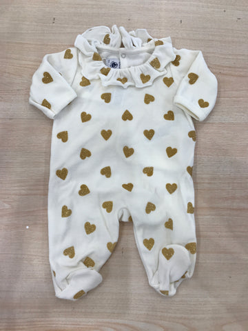 Tutina Petit Bateau in ciniglia panna con piccoli cuori dorati brillantinati con rusche la collo
