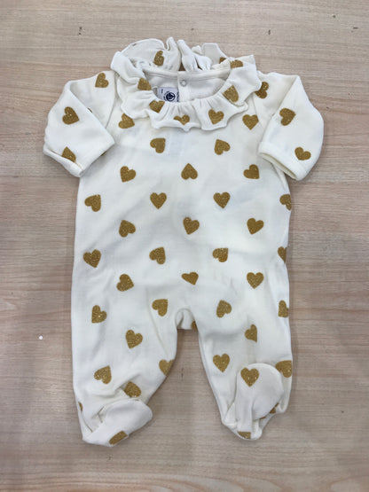 Tutina Petit Bateau in ciniglia panna con piccoli cuori dorati brillantinati con rusche la collo
