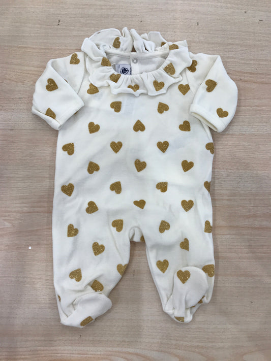 Tutina Petit Bateau in ciniglia panna con piccoli cuori dorati brillantinati con rusche la collo