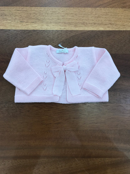 Cardigan Baby Lord in filo rosa manica lunga con fiocco e lavorazione sul davanti
