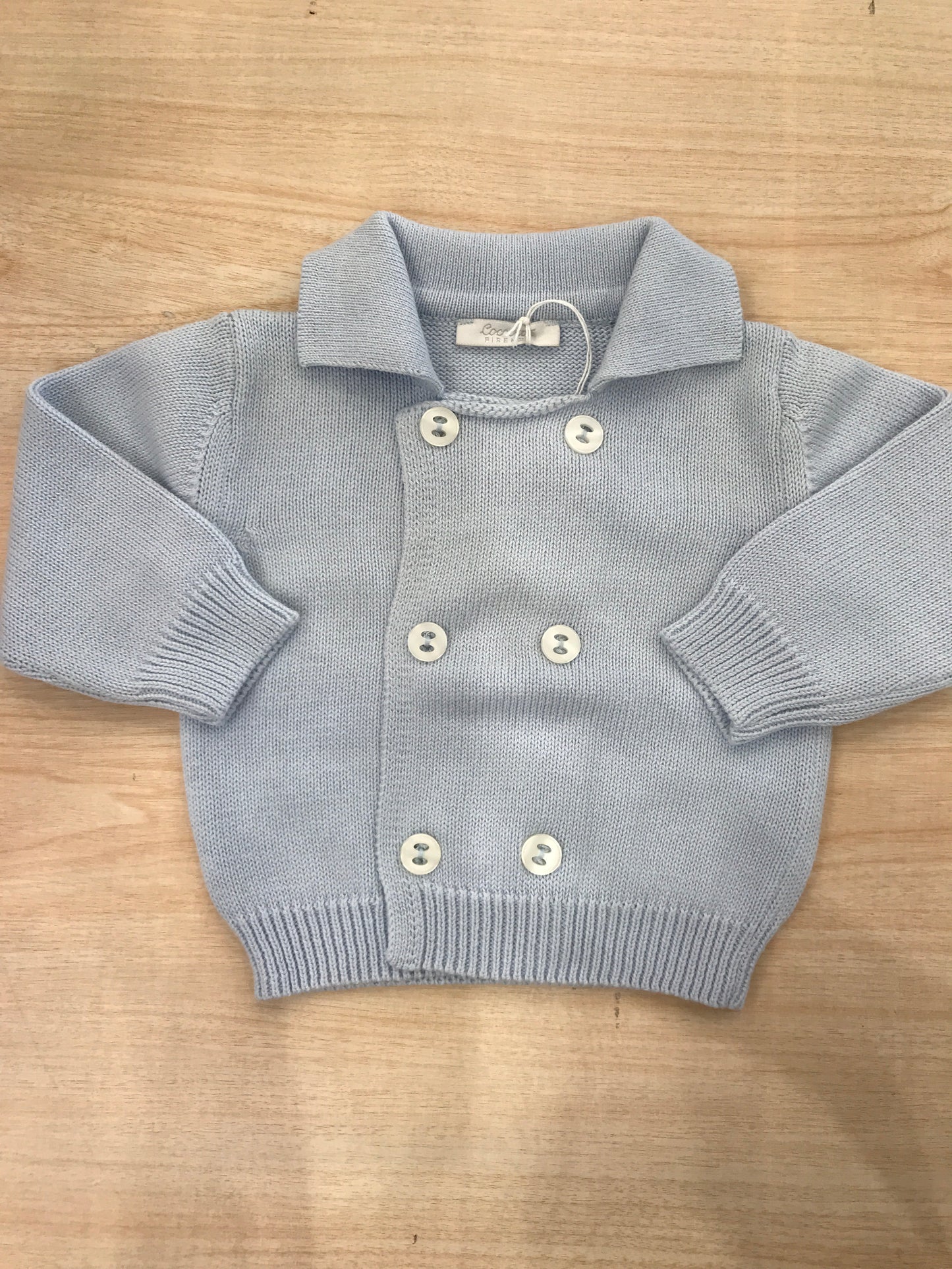 Cardigan Coccodè in filo celeste doppio petto con colletto