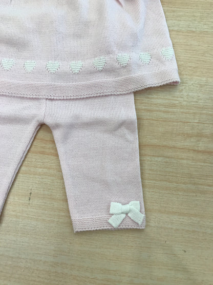 Completo Baby Lord in filo due pezzi manica lunga gamba lunga con fiocchetti bianchi e cuori ricamati