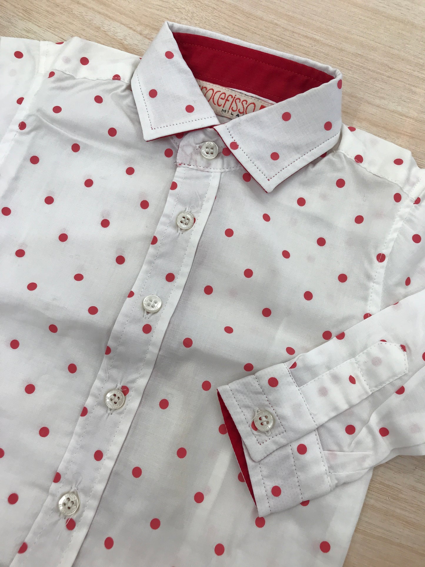 Camicia Croce Fisso Milano in cotone manica lunga bianca con pois rossi