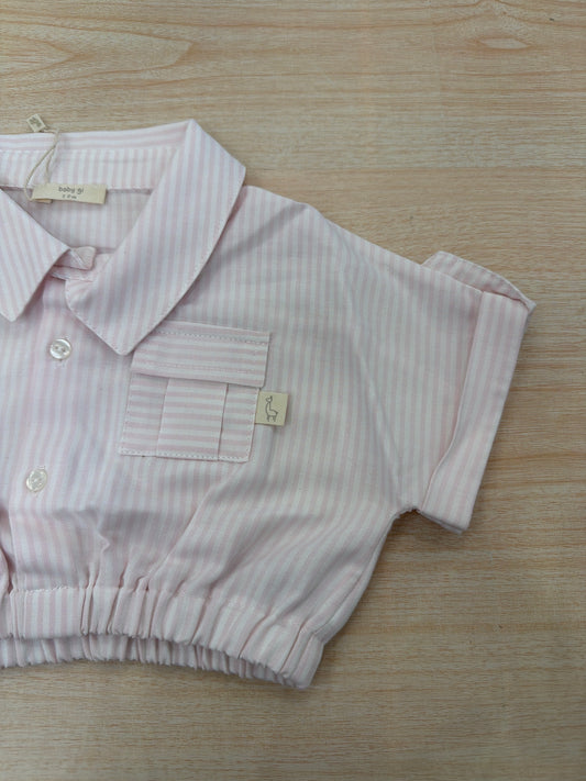 Camicia Baby Gi in cotone mezza manica bianca e rosa a sbuffo