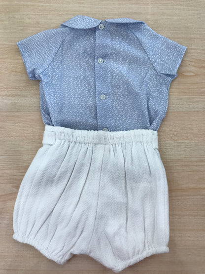 Completo Paz Rodriguez in cotone mezza manica colletto tondo camicia celeste con pois bianchi il sotto pantalone corto bianco con bottoncini
