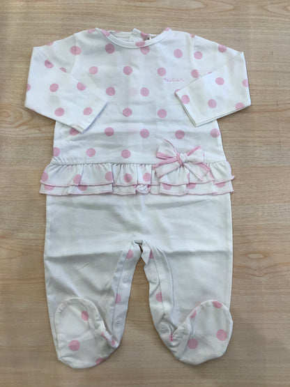 Tutina Nanan in cotone manica lunga gamba lunga a pois rosa con rusche e fiocchetto