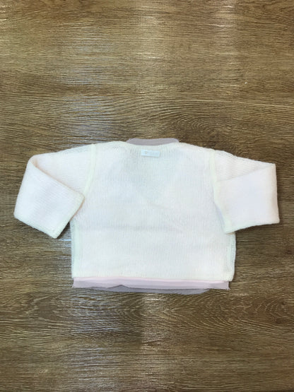 Cardigan Nanan in lana panna con tulle rosa incrociatina con piccoli bottoncini