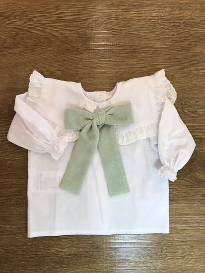 Camicia Fofettes manica lunga con collo con rusche e fiocco in velluto a coste sul davanti