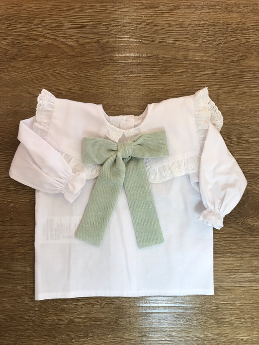 Camicia Fofettes manica lunga con collo con rusche e fiocco in velluto a coste sul davanti