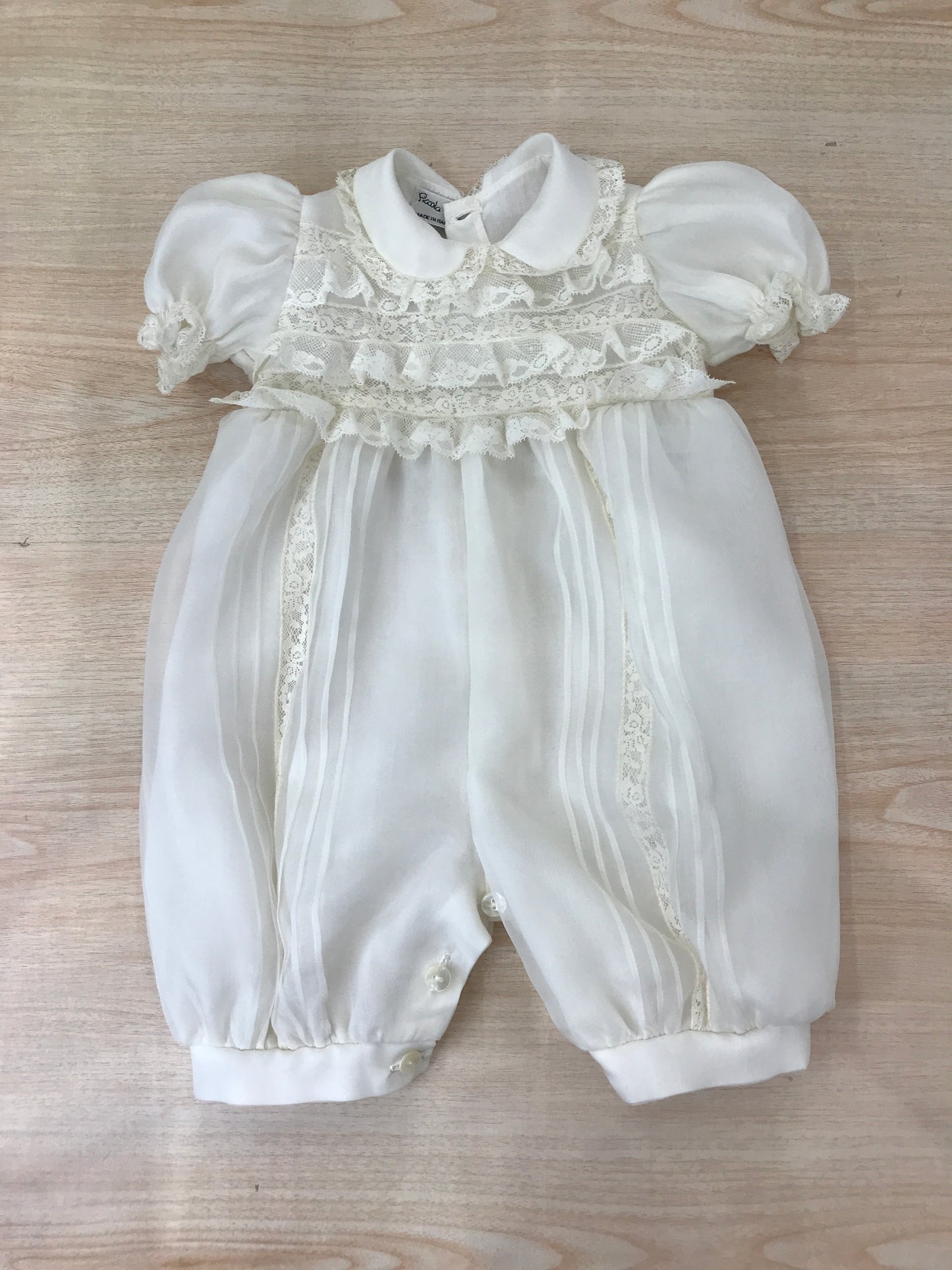 Pagliaccetto Piccola Giuggiola in organza in seta manica a sbuffo con applicazioni di valancienne e corpetto rifinito con valancienne