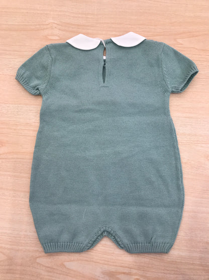 Pagliaccetto Baby Lord in filo verde con fiocco rosa centrale con collo bianco con pois rosa