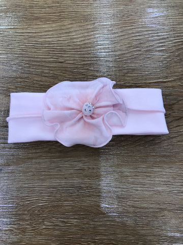 Fascia Sofija in cotone rosa con camelia in rilievo con strass