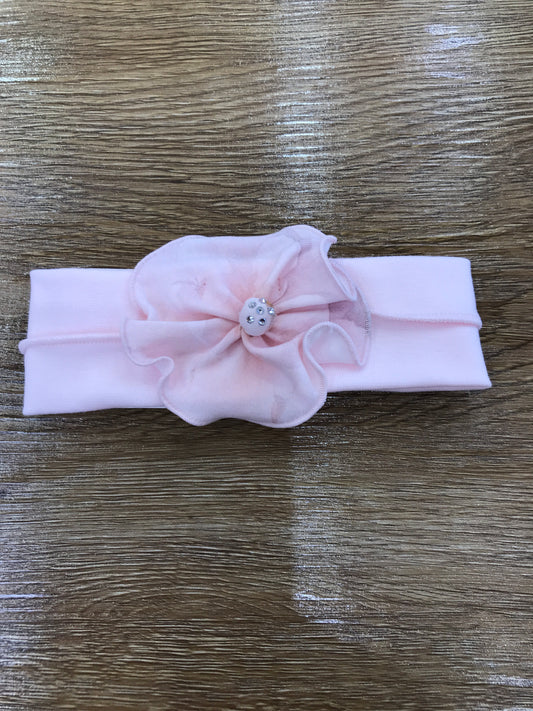 Fascia Sofija in cotone rosa con camelia in rilievo con strass