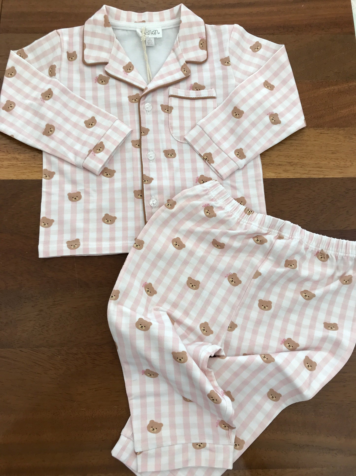 Pigiama Nanan in cotone due pezzi a quadretti bianco e rosa con orsetti marroni
