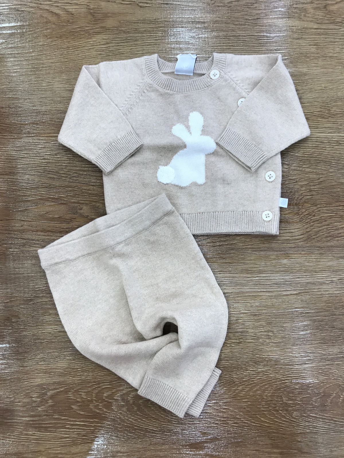 Tutina Petit Bateau due pezzi in lana tortora con coniglietto e bottoni trasversali