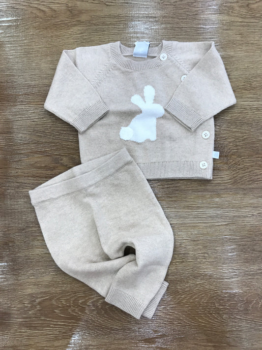 Tutina Petit Bateau due pezzi in lana tortora con coniglietto e bottoni trasversali