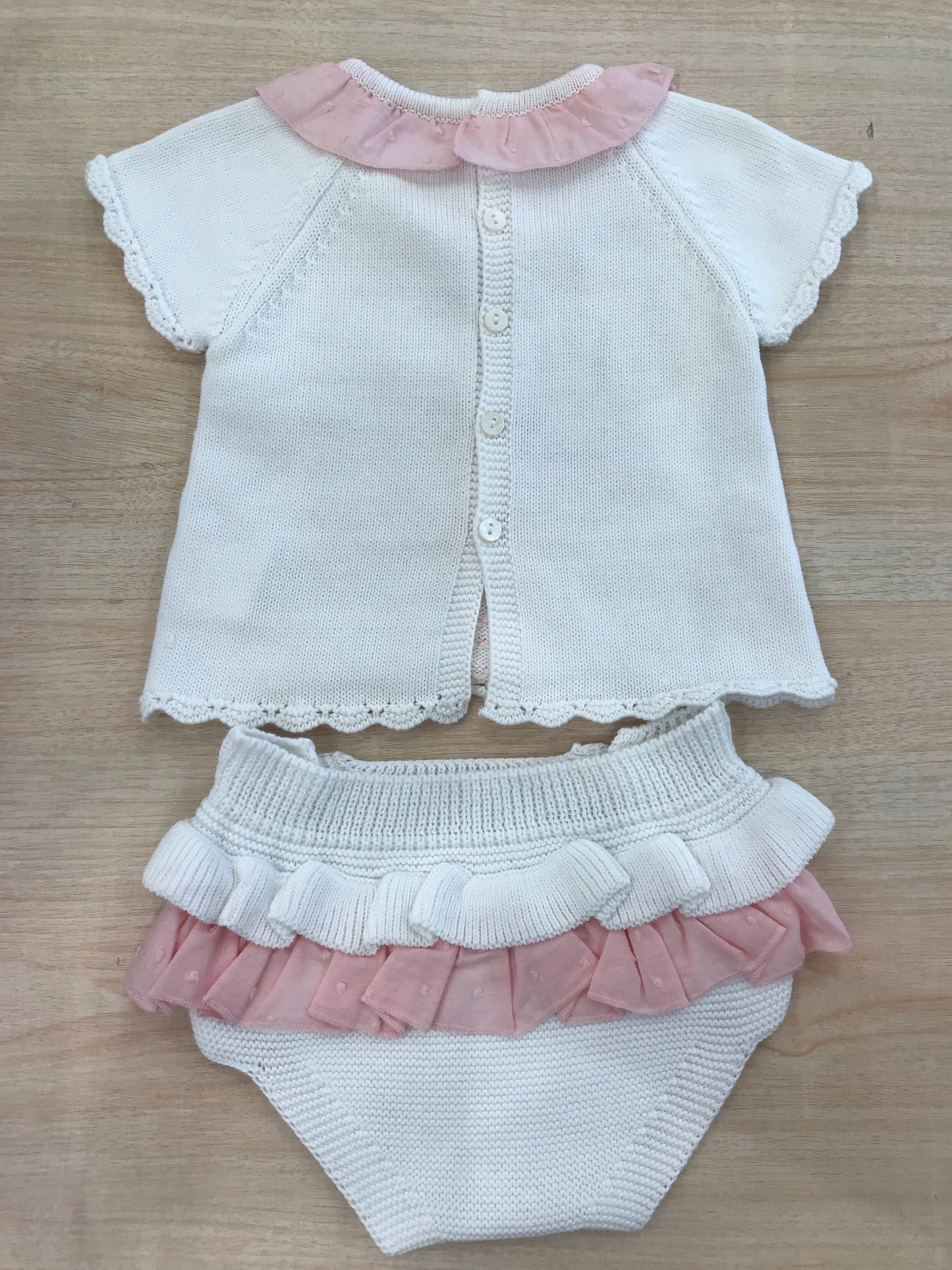 Completo PCS due pezzi bianco con rusche rosa e bianche