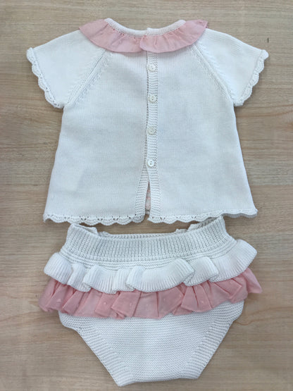 Completo PCS due pezzi bianco con rusche rosa e bianche