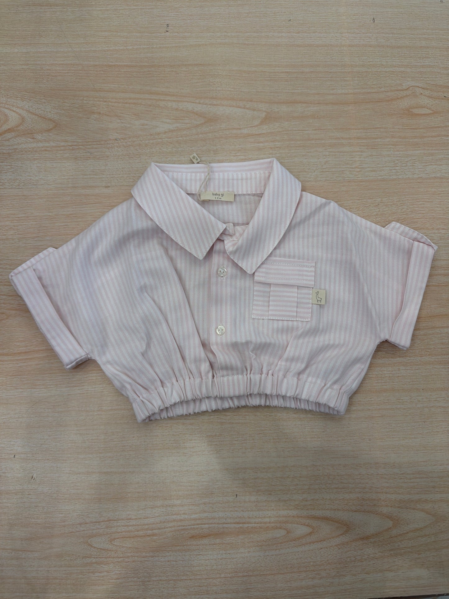 Camicia Baby Gi in cotone mezza manica bianca e rosa a sbuffo