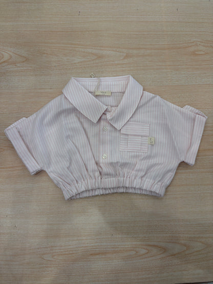 Camicia Baby Gi in cotone mezza manica bianca e rosa a sbuffo