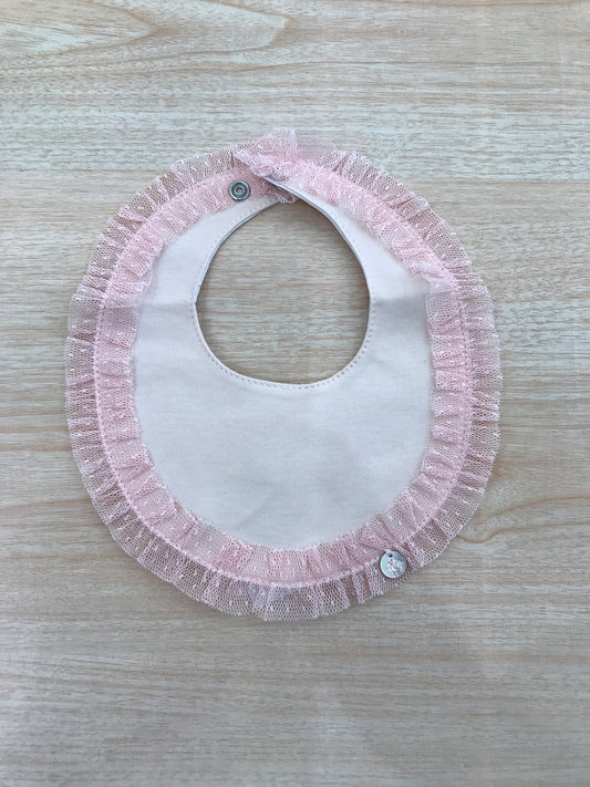 Bavetta Baby Gi in cotone rosa con rusche in tulle al bordo