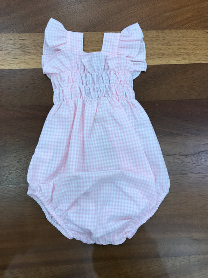 Pagliaccetto Baby Gi in cotone fantasia a quadretti con spalline con rusche con fiocco sul retro